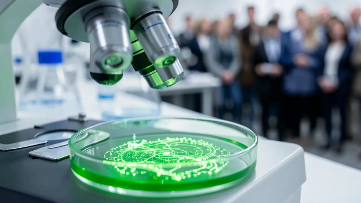 Primer plano de una placa de Petri con un cultivo verde brillante bajo un microscopio, representando la investigación genética.