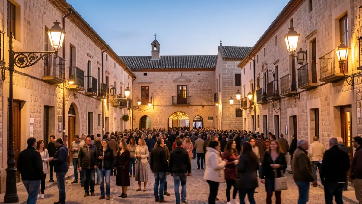 Plaza de un pueblo andaluz ambientada en la época medieval al atardecer, con una multitud y farolas.