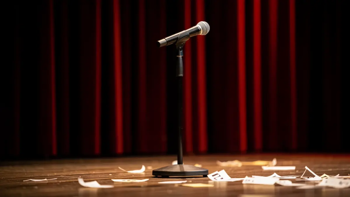 Theatre stage scene with microphone and musical notes, performance atmosphere.