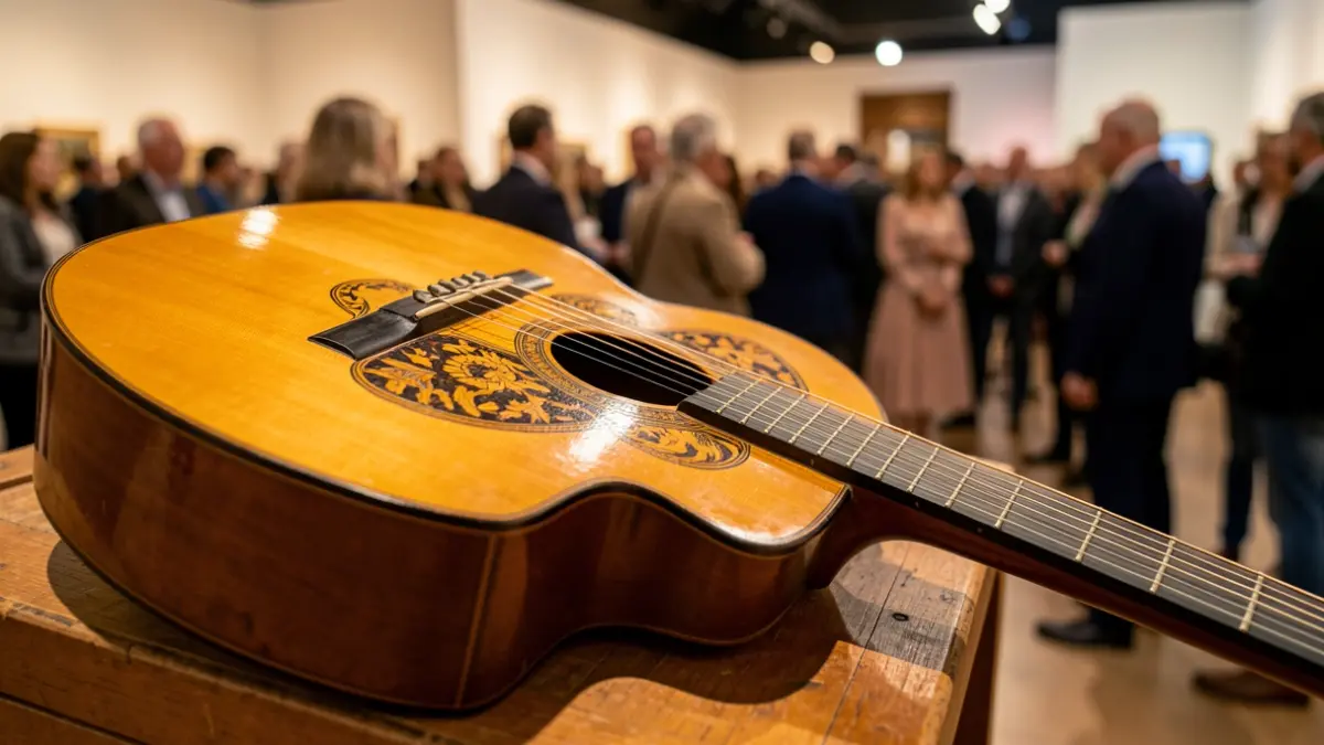 Primer plano de una guitarra flamenca en una exposición cultural.