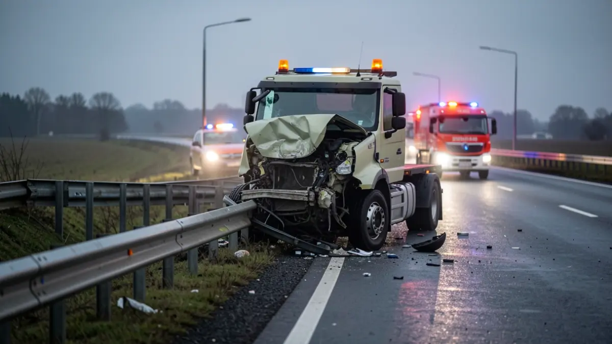 Camión accidentado contra la mediana de la autovía A-4 en Bailén, Jaén, con luces de emergencia.