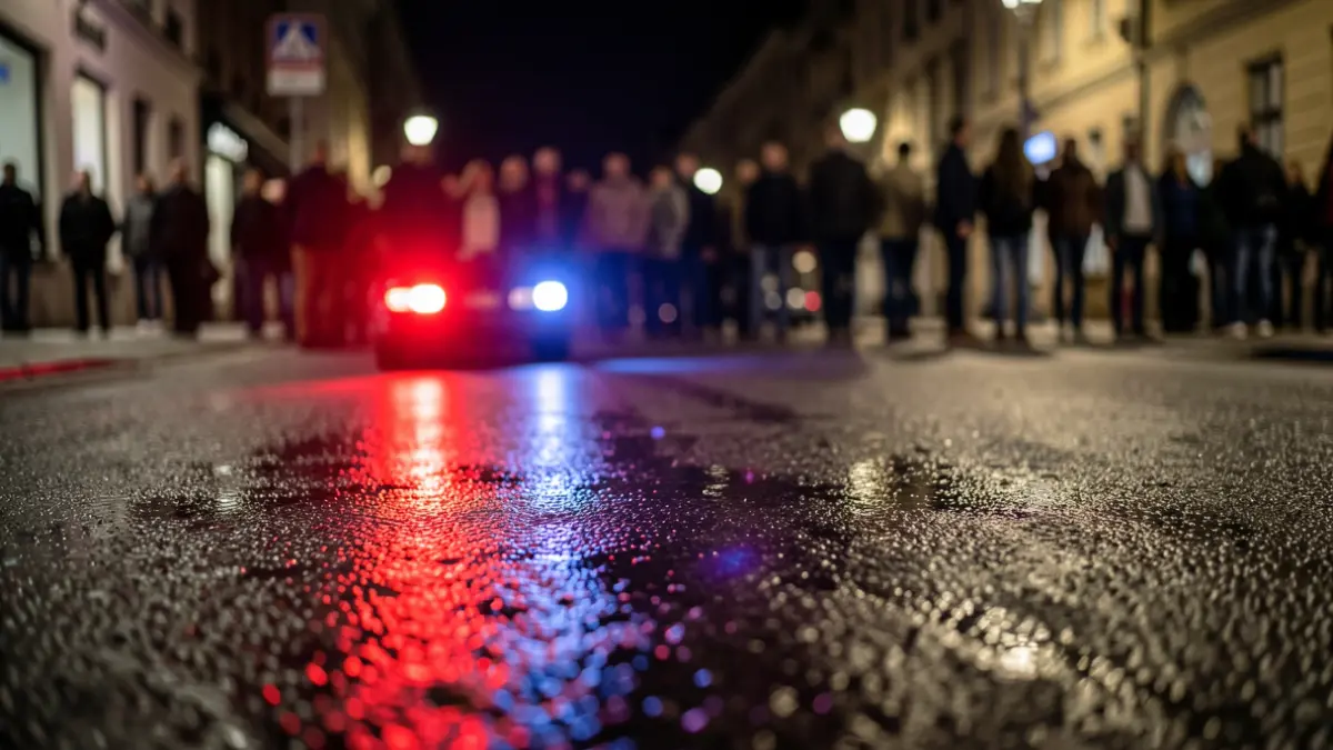 Generic image of police emergency lights reflecting on wet asphalt.