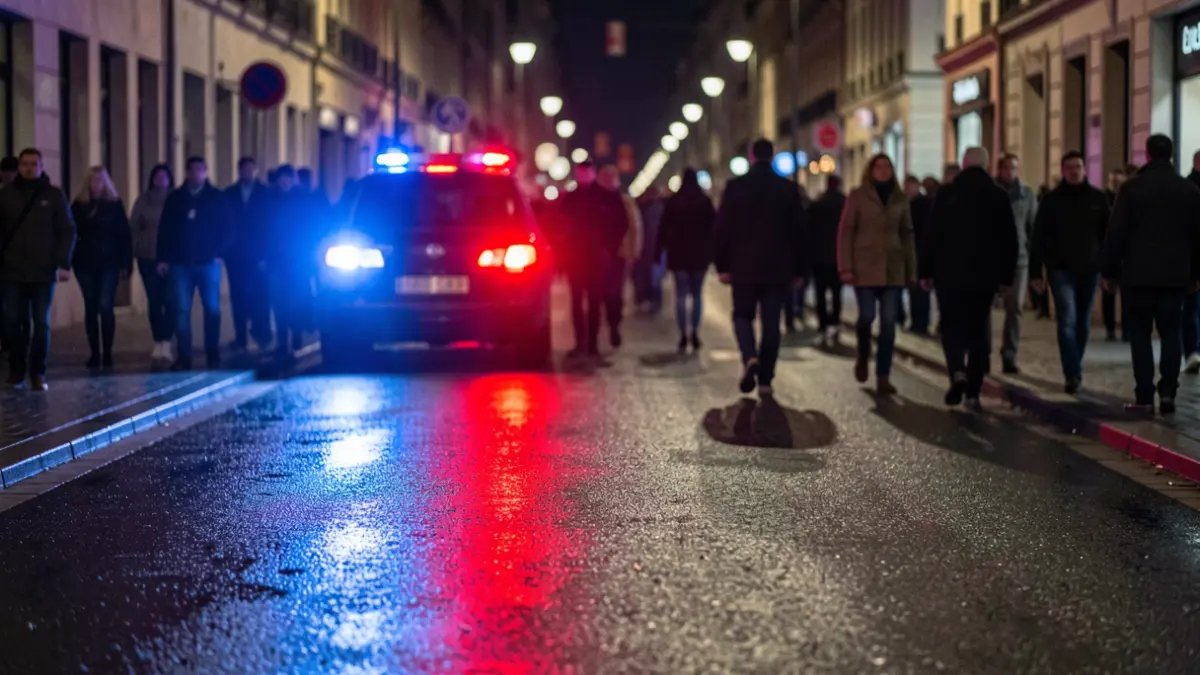 Imagen genérica de luces de emergencia policiales reflejando en asfalto mojado por la noche.