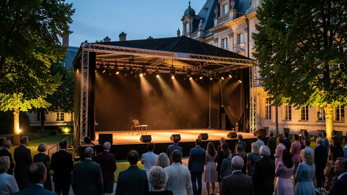 Outdoor theater stage in palace gardens at sunset.