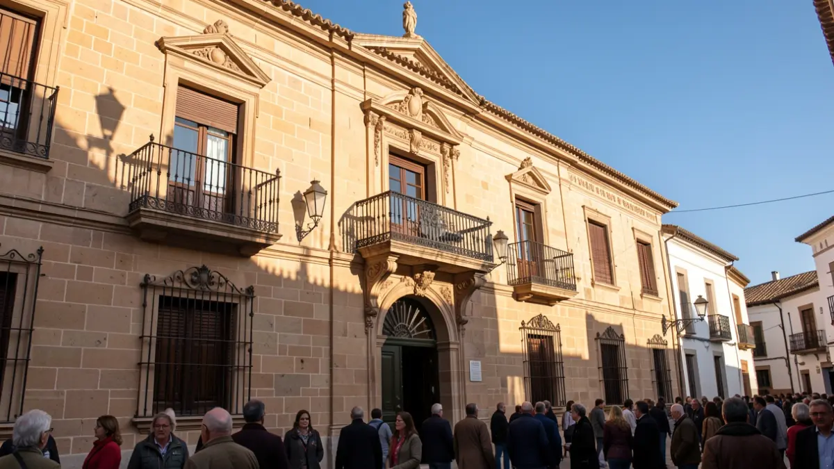 Facade of an Andalusian town hall with a balcony and iron railings, under the afternoon sunlight.