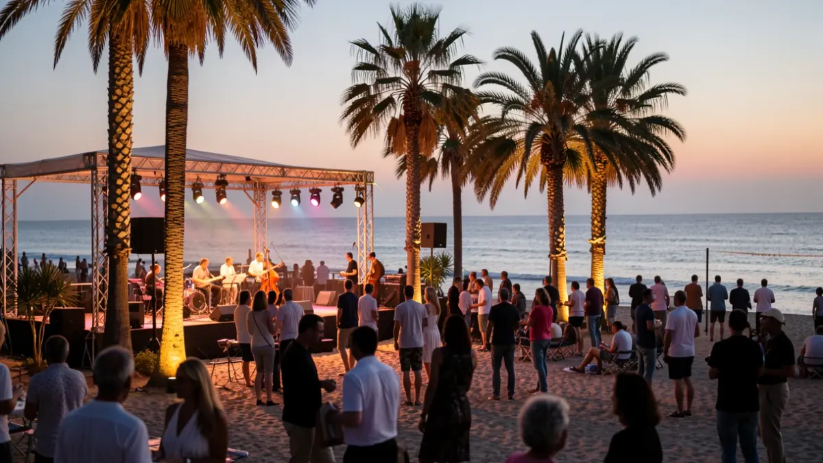 Generic image of an outdoor jazz festival on an Andalusian beach at sunset.