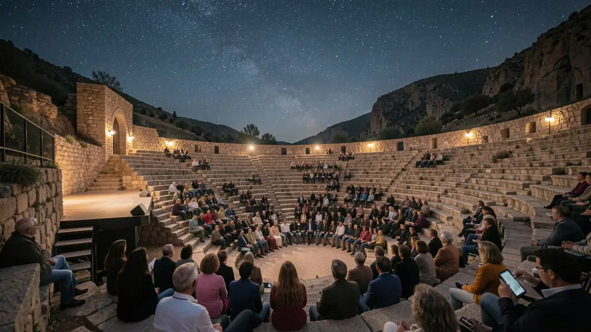 Stone amphitheater in Laroles, Granada, under a night sky.