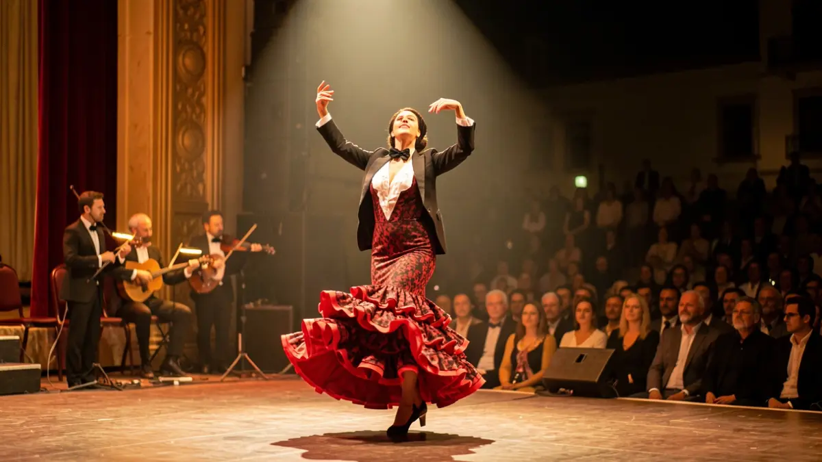 Escena de flamenco en un escenario con un bailaor iluminado por un foco.