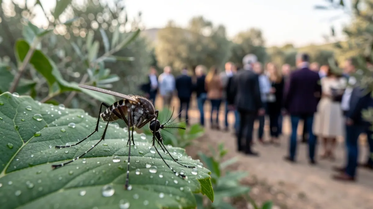 Mosquito on a leaf with dew drops.
