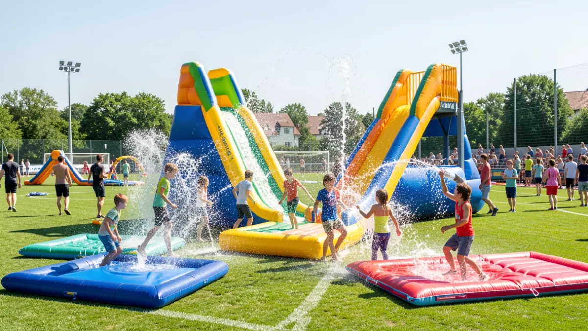 Niños jugando en una fiesta del agua en un campo de fútbol municipal con colchonetas acuáticas gigantes.