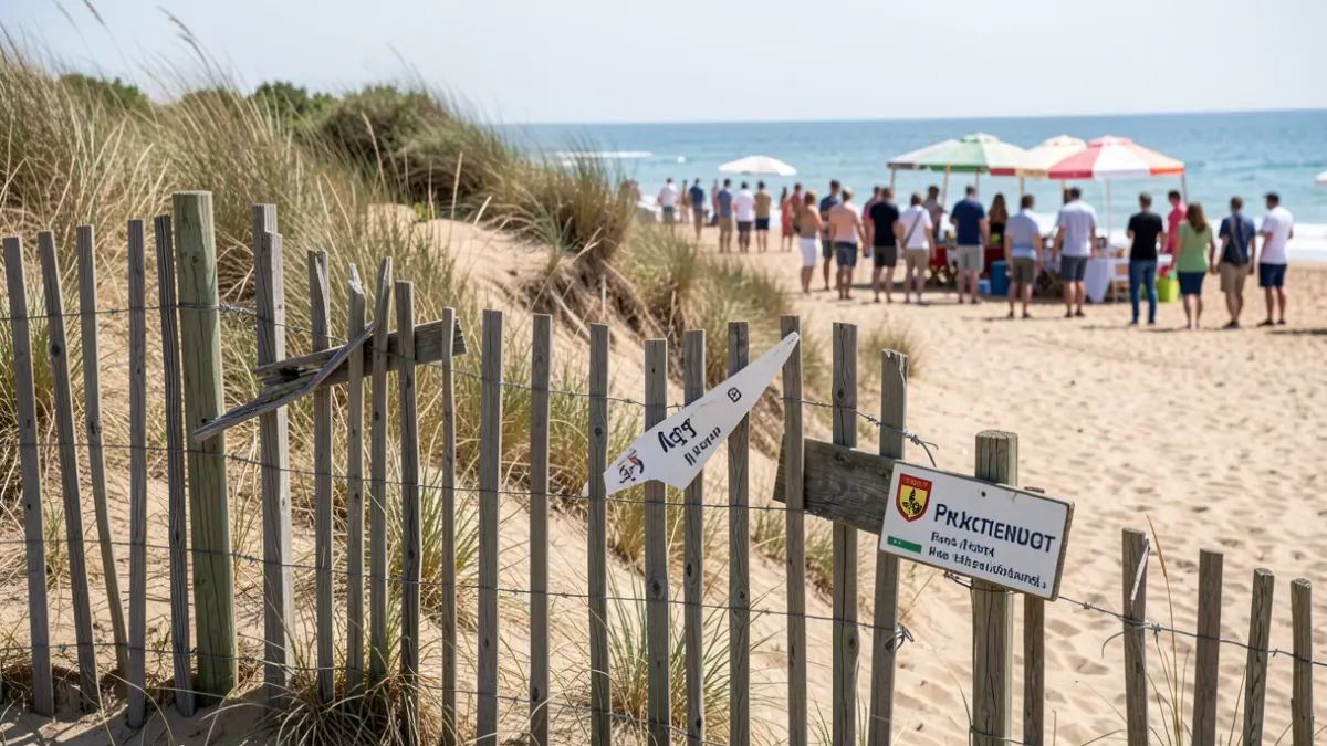 Imagen de un cordón dunar dañado con restos de una fiesta en la playa.