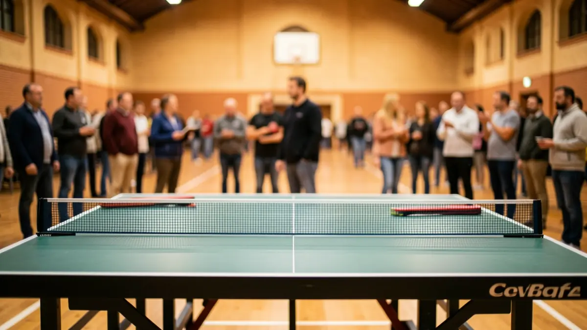 Table tennis table in a sports hall.