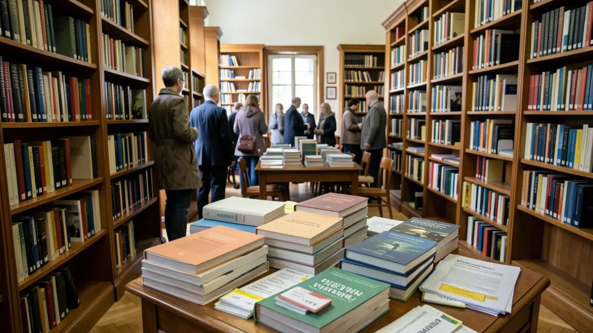 Interior of a library with organized shelves and cataloging materials.