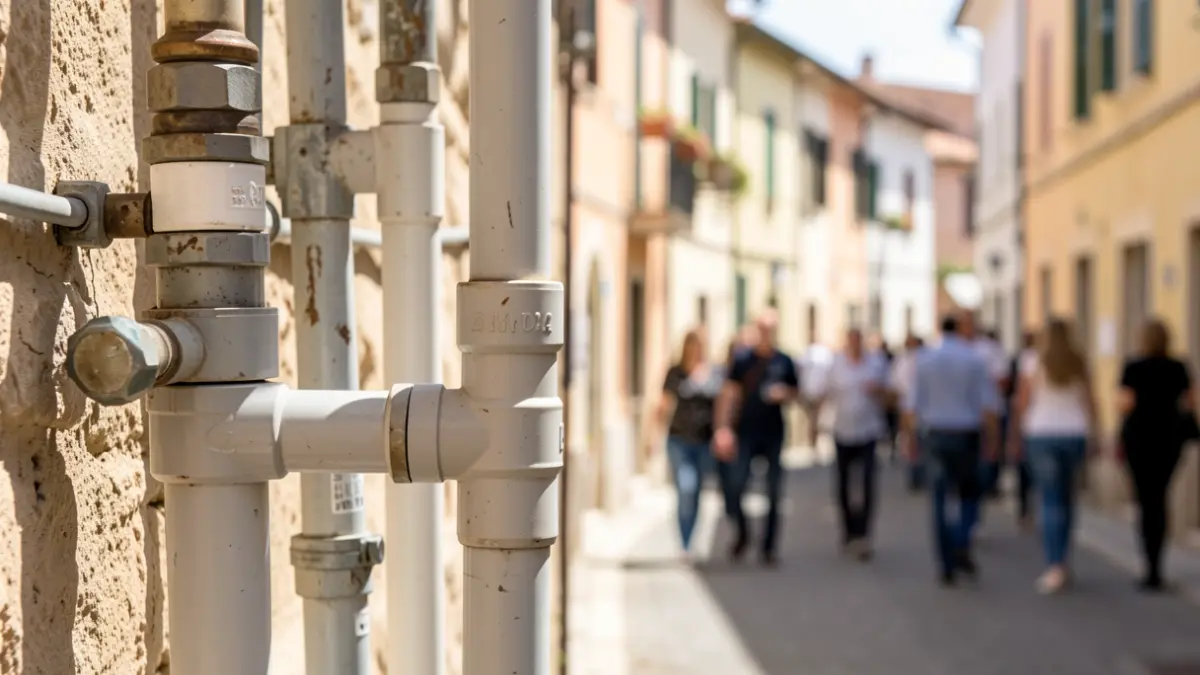 Primer plano de tuberías de PVC y conexiones de agua en una calle residencial de Níjar.