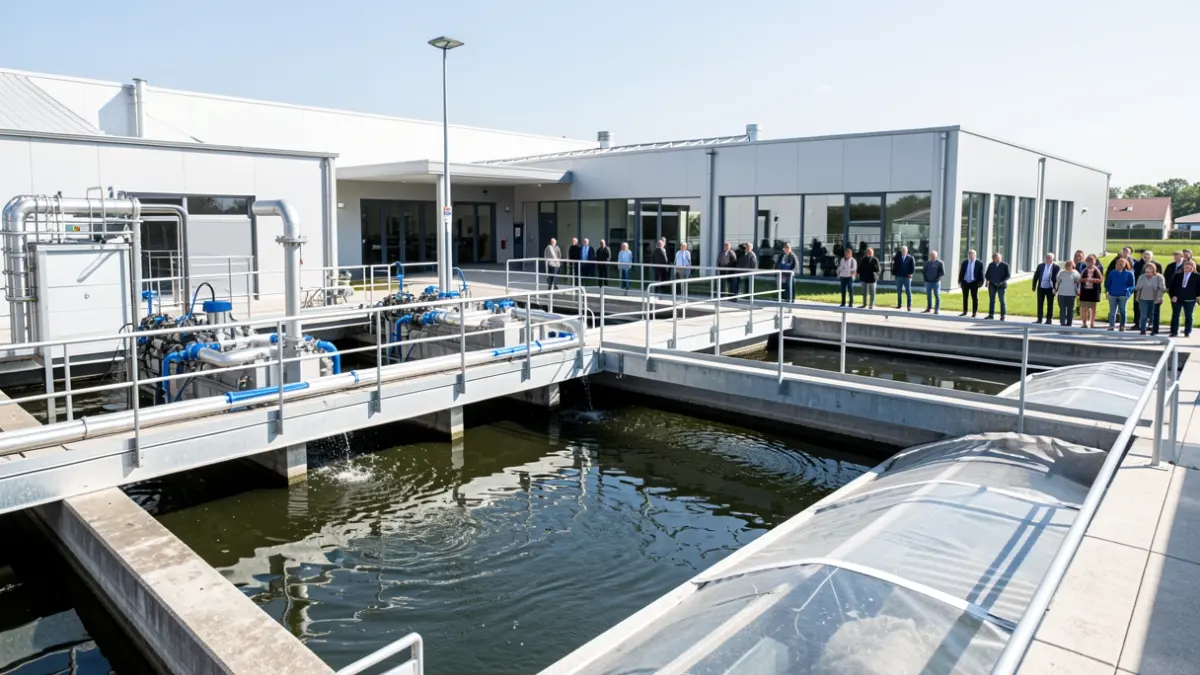 Imagen de una moderna planta de tratamiento de aguas residuales con tecnología avanzada.