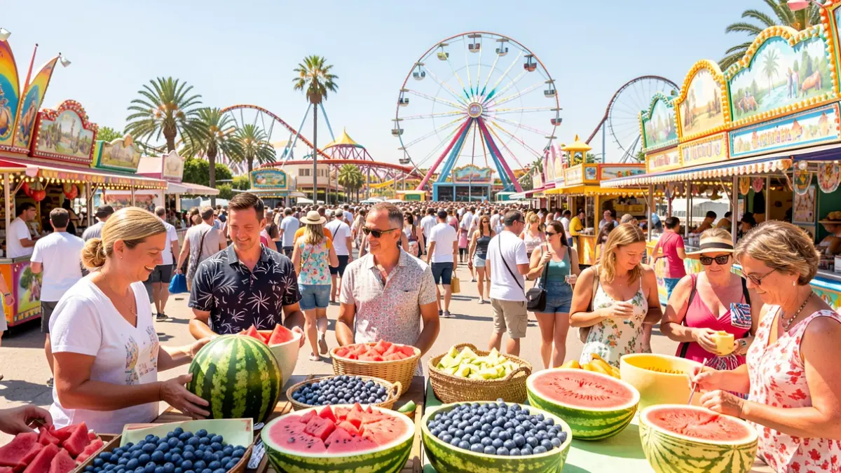 Visitors enjoying free cooperative fruit at the Isla Mágica theme park.