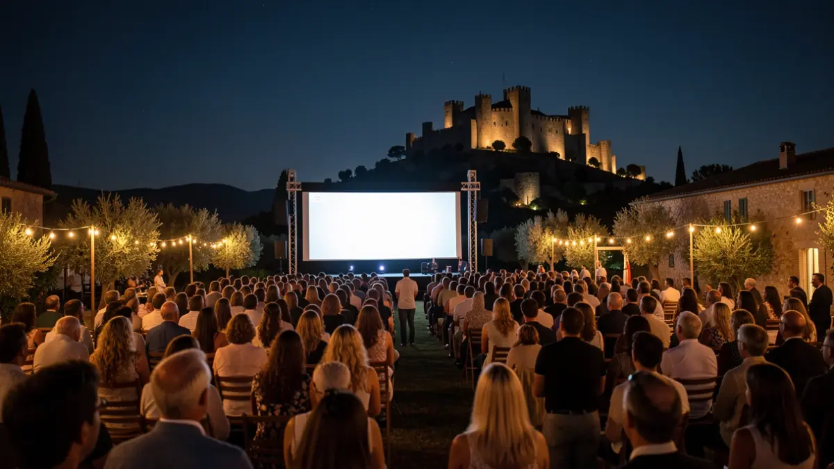 Pantalla de cine al aire libre por la noche en el recinto Marenostrum Fuengirola, con el Castillo Sohail al fondo.