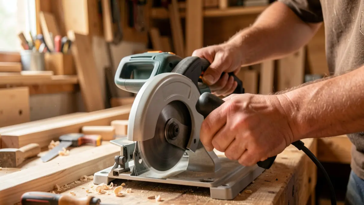 Close-up of hands operating a modern digital saw in a carpentry workshop with blurred woodworking tools in the background.