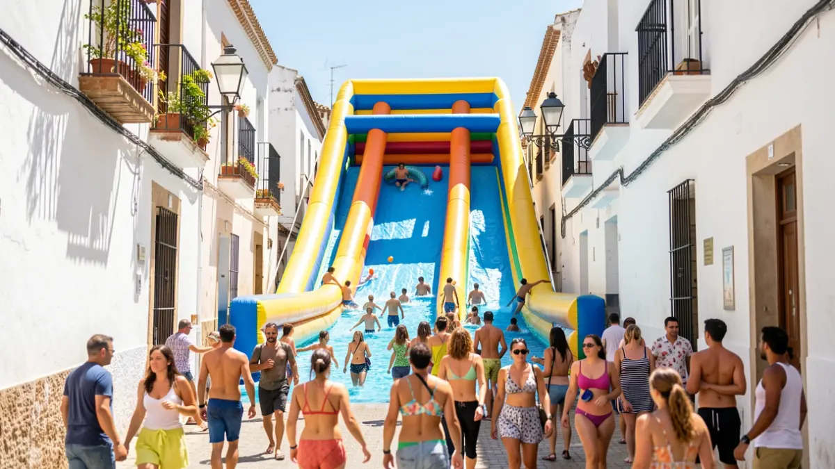 Image of a giant water slide in an Andalusian town street.