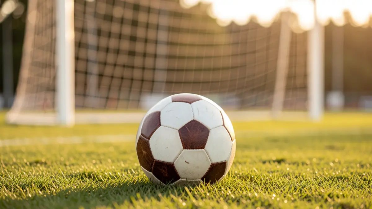 Balón de fútbol sobre césped con portería desenfocada al atardecer.