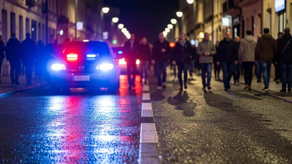 Generic image of police emergency lights reflecting on wet asphalt at night.