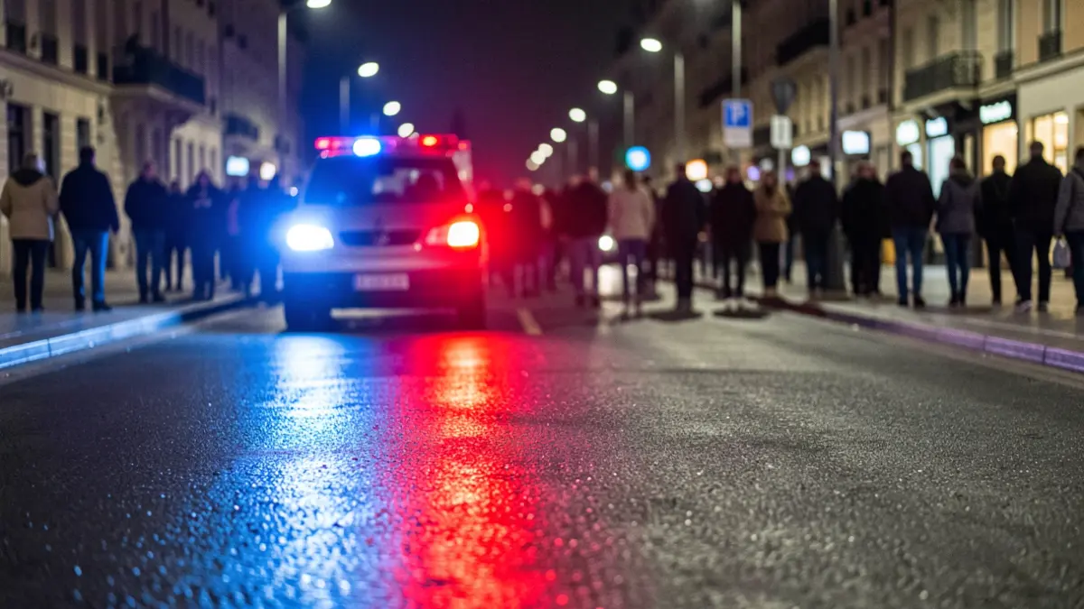 Imagen genérica de luces de emergencia policiales reflejando en asfalto mojado por la noche.
