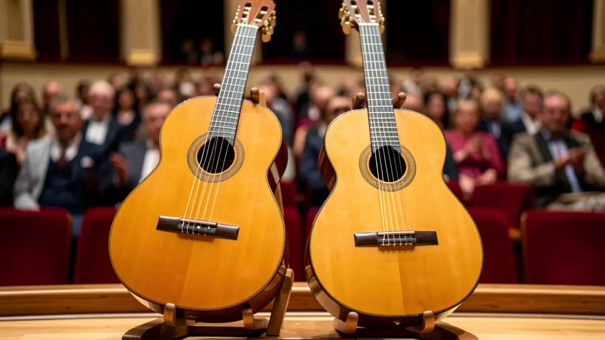 Primer plano de una guitarra clásica y una flamenca juntas en un atril, mostrando la artesanía.