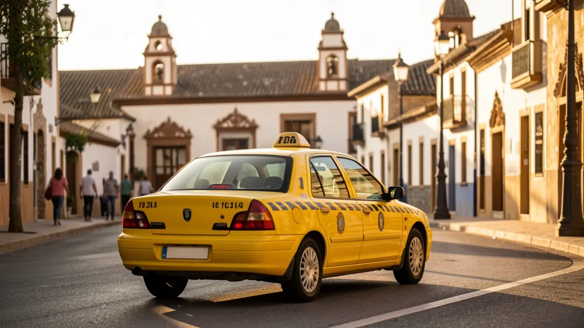 Un taxi circulando por una calle de Granada con arquitectura andaluza al atardecer.
