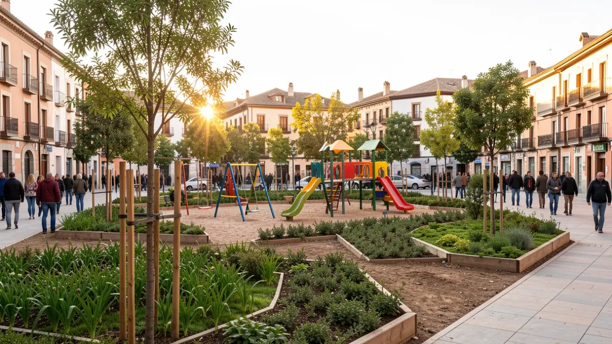 Imagen de la nueva plaza en construcción en Granada con zonas verdes y juegos infantiles.