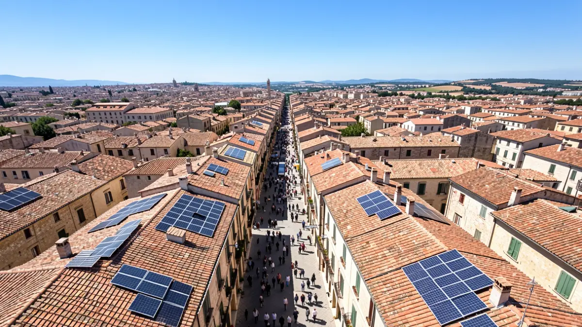 Generic image of urban rooftops with solar panels under bright sunlight.