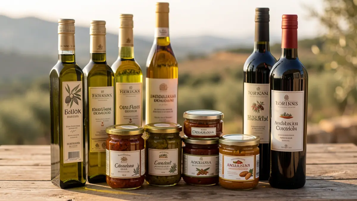Close-up of high-quality Andalusian food products with the 'Gusto del Sur' seal.