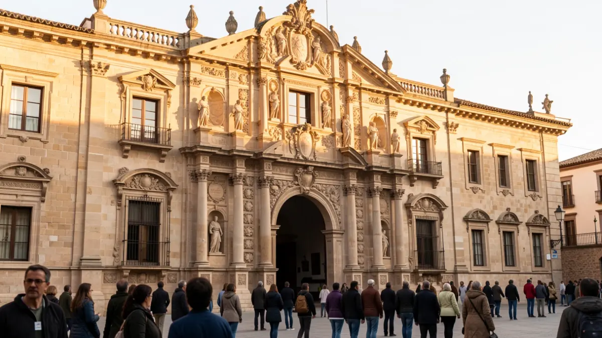 Fachada de un palacio renacentista en Granada con detalles arquitectónicos de piedra.