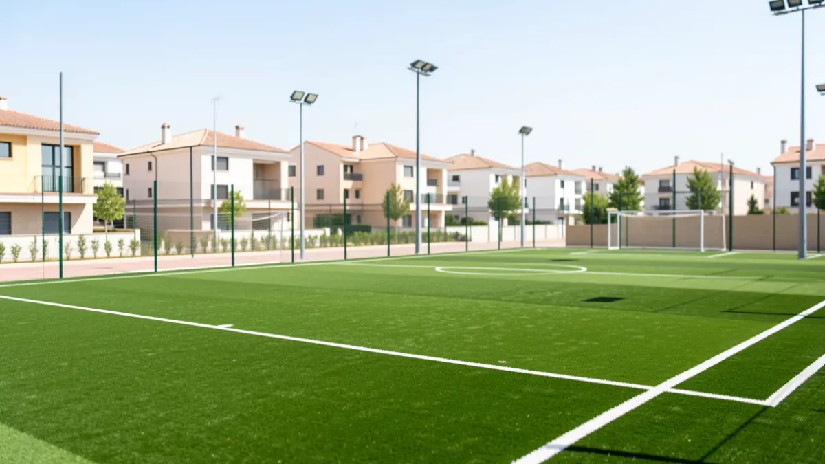 Generic image of a modern sports facility in Andalusia with artificial turf and LED lighting.