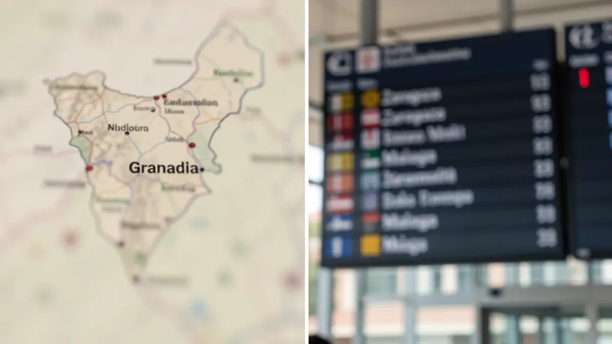 Split image: map of Andalusia highlighting Granada and an airport departures board showing destinations like Zaragoza and Malaga.