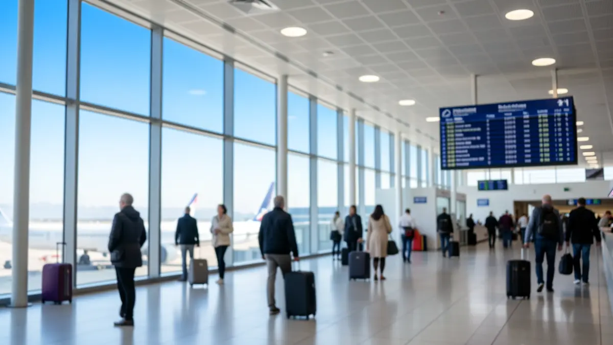 Imagen genérica de un aeropuerto con viajeros y cielo despejado.