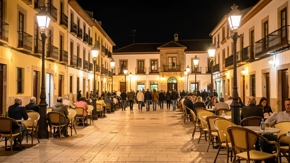 Generic image of an Andalusian town square at night, with streetlights and urban atmosphere.