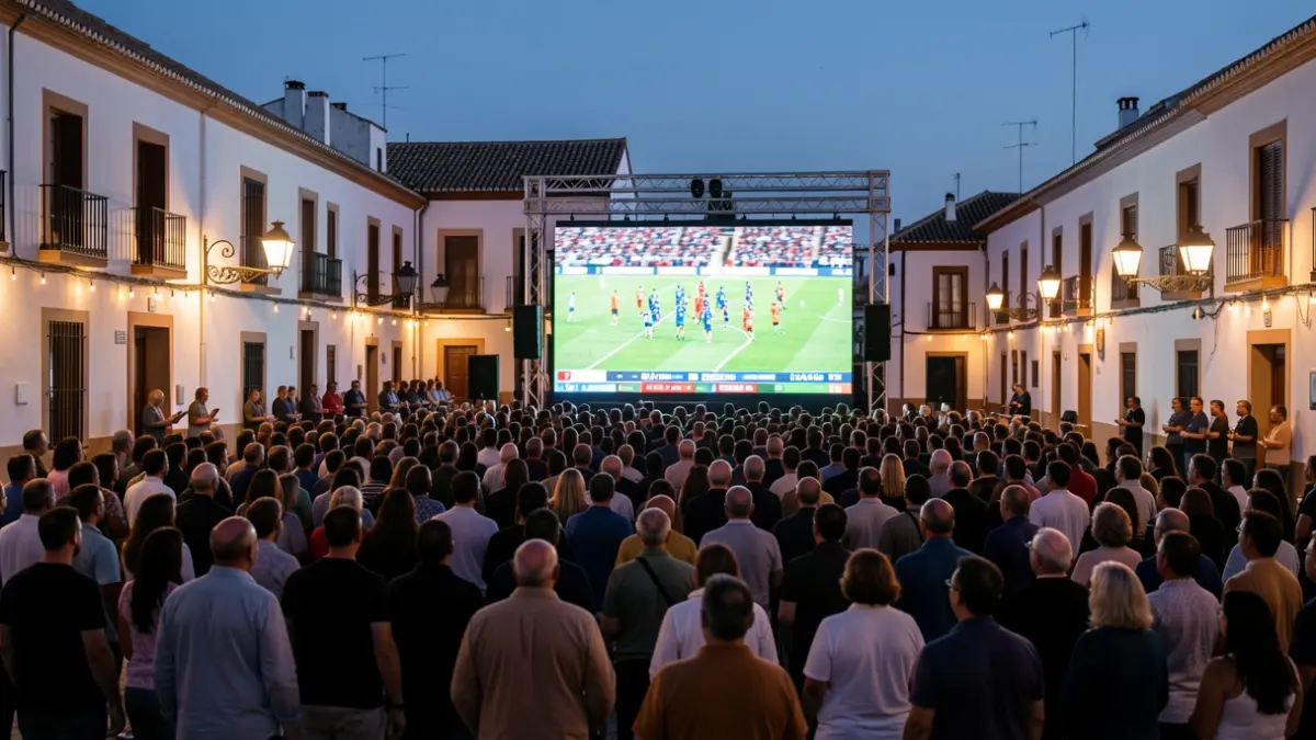 Generic image of a crowd watching a football match on a giant screen in an Andalusian square.