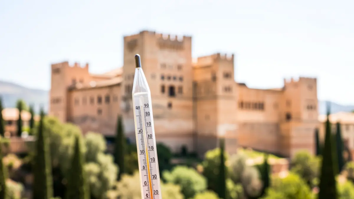 Thermometer showing high temperature with the Alhambra in Granada in the background under an intense sun.