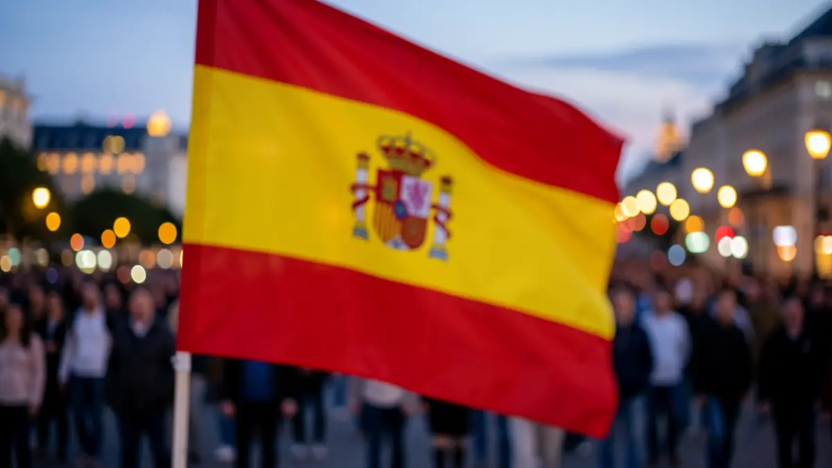 Imagen genérica de una bandera española ondeando con luces de ciudad desenfocadas al atardecer.