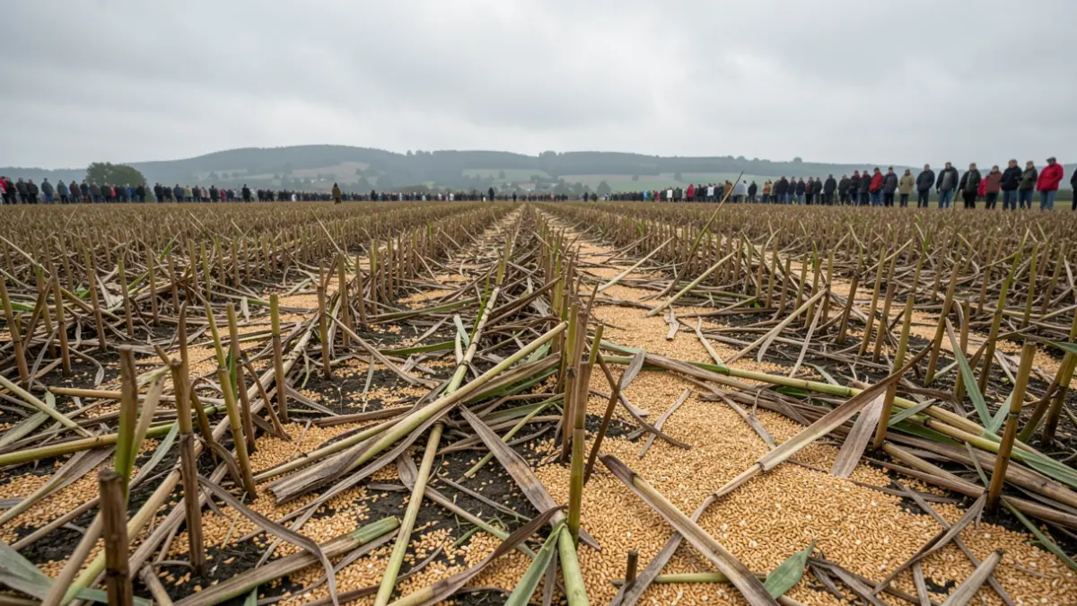 Campo de cereal dañado por una tormenta de granizo en Los Vélez.