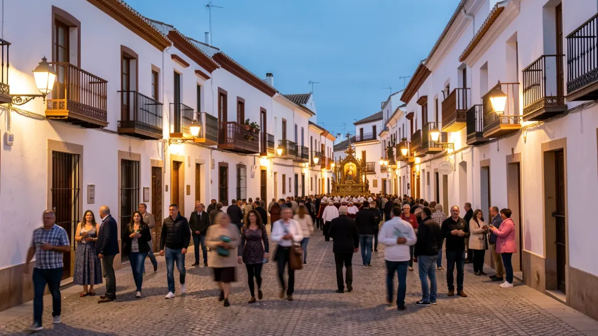 Andalusian town square at dusk during the Carmen festivities, with a procession and festive atmosphere.