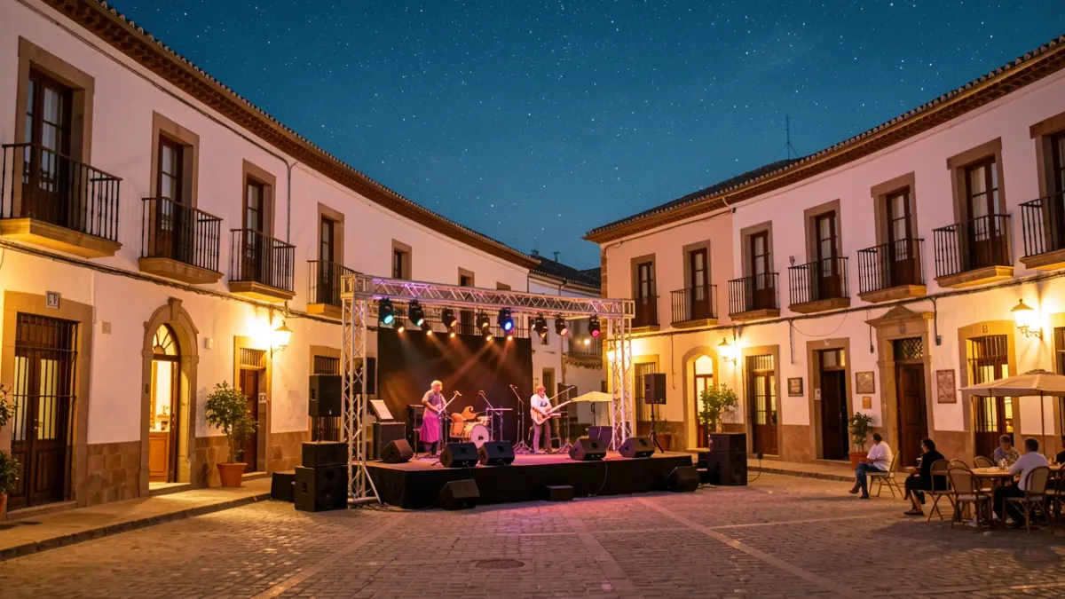 Plaza de un pueblo andaluz al atardecer con un escenario preparado para un evento cultural.
