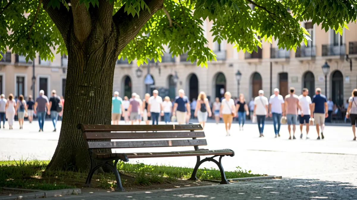 Imagen genérica de un banco de parque bajo la sombra de un árbol en un día soleado.