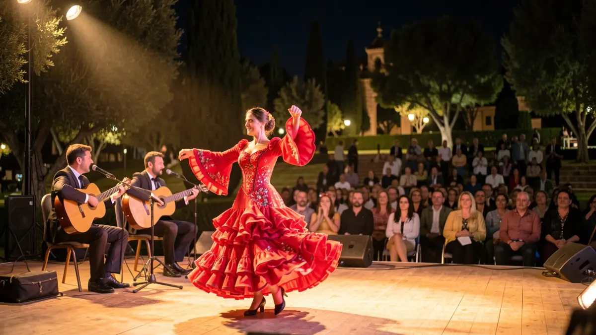 Scene of an outdoor flamenco festival in Andalusia with dancers and musicians.