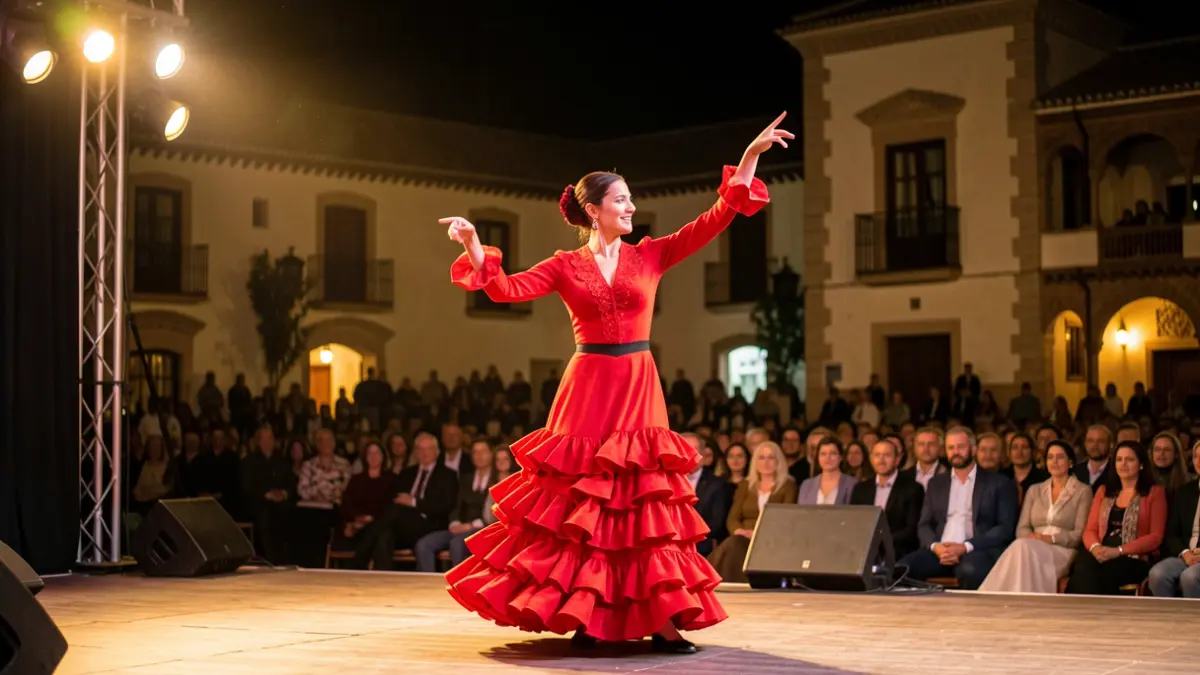 Imagen de un festival de flamenco al aire libre por la noche.