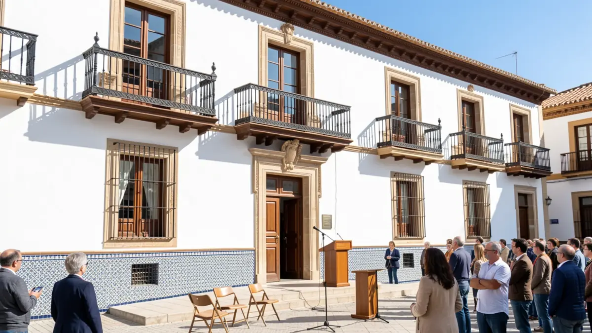 Generic facade of an Andalusian town hall with a balcony and microphone.