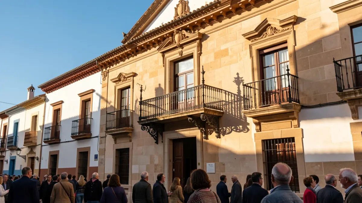 Fachada de un ayuntamiento andaluz con balcón y barandillas de hierro, bajo la luz del sol de la tarde.