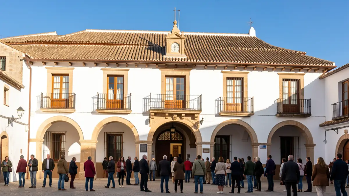 Fachada de un ayuntamiento andaluz tradicional bajo un cielo azul brillante.