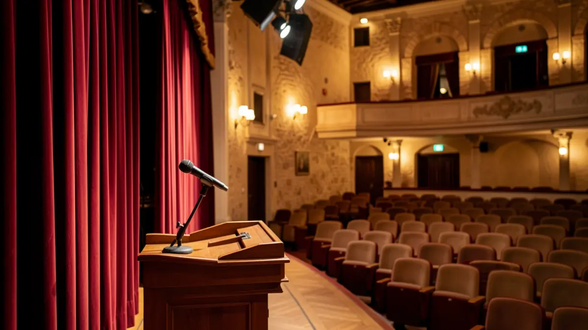 Interior de un teatro con escenario y butacas vacías, preparado para una representación cultural.