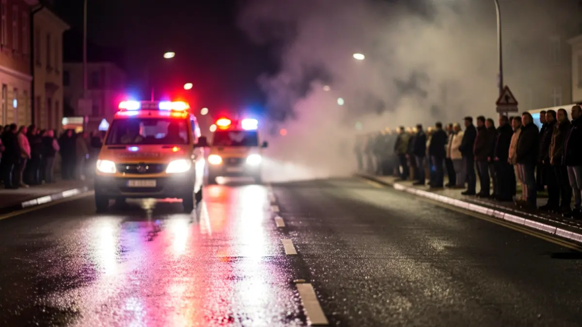 Generic image of emergency lights reflecting on wet asphalt at night, with smoke in the background.